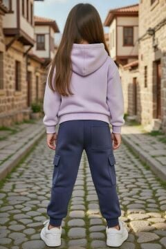 Kız Çocuk Göğsünde Brooklyn Yazı Baskılı ve Kanguru Cepli 3 İplik Lila Eşofman Takım