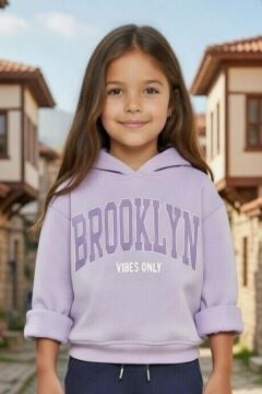 Kız Çocuk Göğsünde Brooklyn Yazı Baskılı ve Kanguru Cepli 3 İplik Lila Eşofman Takım