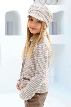 Kız Çocuk Şanel Kumaş Ceket ve Deri Pantolon Kahverengi Alt Üst Takım