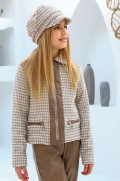 Kız Çocuk Şanel Kumaş Ceket ve Deri Pantolon Kahverengi Alt Üst Takım