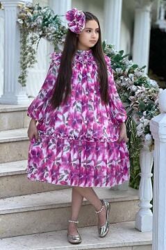 Kız Çocuk Yakası ve Omuzları Fırfır Detaylı Çiçek İşlemeli Pliseli Pembe Elbise