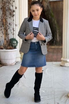 Kız Çocuk Yazı Baskılı Tişört Sahte Cep Detaylı Kareli Blazer Ceket Mavi Jean Etekli Takım