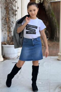 Kız Çocuk Yazı Baskılı Tişört Sahte Cep Detaylı Kareli Blazer Ceket Mavi Jean Etekli Takım