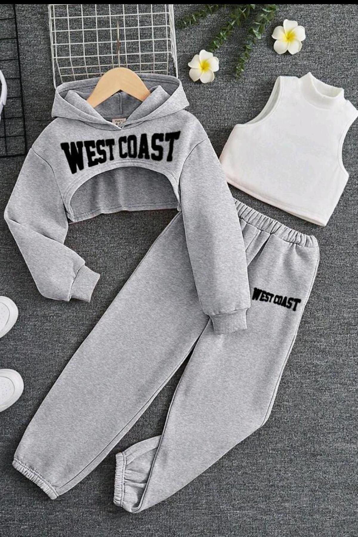 Kız Çocuk Kolsuz Bluz West Coast Baskı Kapüşonlu Crop Kaşkorse 3'lü Gri Eşofman Takım