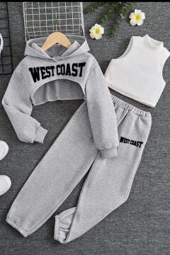 Kız Çocuk Kolsuz Bluz West Coast Baskı Kapüşonlu Crop Kaşkorse 3'lü Gri Eşofman Takım