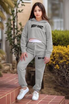Kız Çocuk Kolsuz Bluz West Coast Baskı Kapüşonlu Crop Kaşkorse 3'lü Gri Eşofman Takım