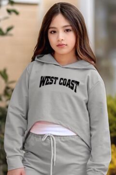 Kız Çocuk Kolsuz Bluz West Coast Baskı Kapüşonlu Crop Kaşkorse 3'lü Gri Eşofman Takım