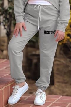 Kız Çocuk Kolsuz Bluz West Coast Baskı Kapüşonlu Crop Kaşkorse 3'lü Gri Eşofman Takım
