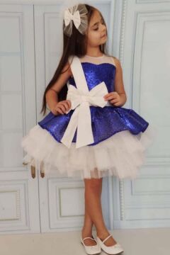 Kız Çocuk Önü ve Arkası Fiyonk Detaylı Üstü Pulpayet İşlemeli Etek Ucu Tüllü Saks Abiye