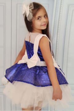 Kız Çocuk Önü ve Arkası Fiyonk Detaylı Üstü Pulpayet İşlemeli Etek Ucu Tüllü Saks Abiye