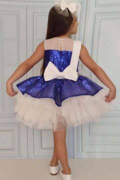 Kız Çocuk Önü ve Arkası Fiyonk Detaylı Üstü Pulpayet İşlemeli Etek Ucu Tüllü Saks Abiye