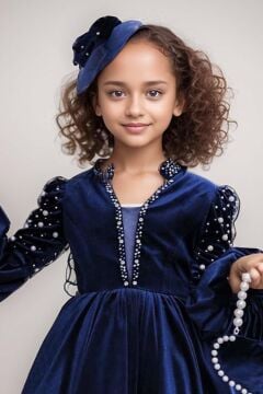 Kız Çocuk Yakadan Göğse ve Omuzları İnci İşlemeli Balon Kollu Lacivert Kadife Abiye