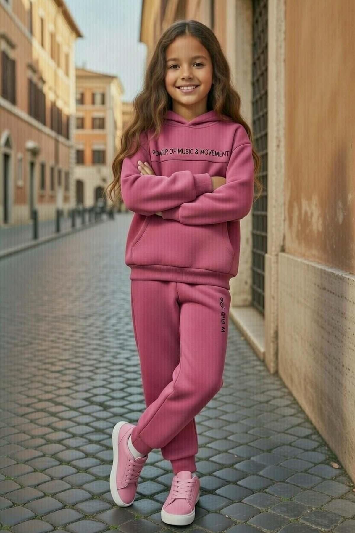 Kız Çocuk Music Yazı Detaylı 3 İplik Sweat Kanguru Cepli Mor Eşofman Takım
