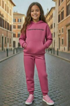 Kız Çocuk Music Yazı Detaylı 3 İplik Sweat Kanguru Cepli Mor Eşofman Takım