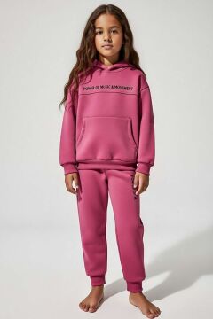 Kız Çocuk Music Yazı Detaylı 3 İplik Sweat Kanguru Cepli Mor Eşofman Takım