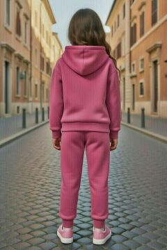 Kız Çocuk Music Yazı Detaylı 3 İplik Sweat Kanguru Cepli Mor Eşofman Takım