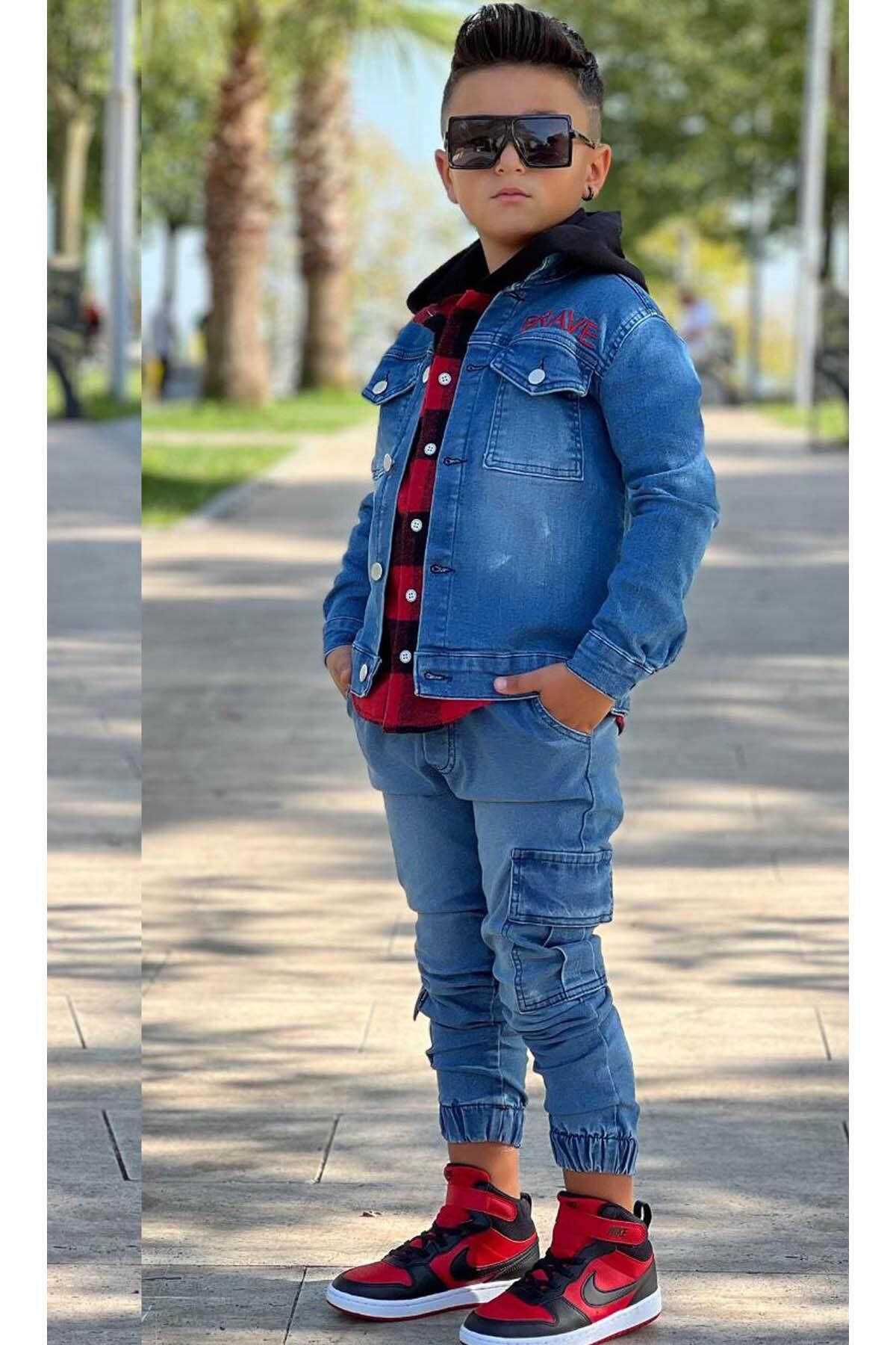 Erkek Çocuk Ekose Kapşonlu Kırmızı Oduncu Gömlek Sırtı Tiger Desen Ceket Kot Alt Üst Takım