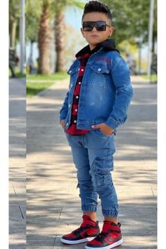 Erkek Çocuk Ekose Kapşonlu Kırmızı Oduncu Gömlek Sırtı Tiger Desen Ceket Kot Alt Üst Takım