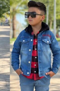 Erkek Çocuk Ekose Kapşonlu Kırmızı Oduncu Gömlek Sırtı Tiger Desen Ceket Kot Alt Üst Takım