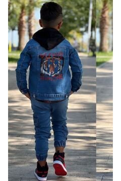 Erkek Çocuk Ekose Kapşonlu Kırmızı Oduncu Gömlek Sırtı Tiger Desen Ceket Kot Alt Üst Takım