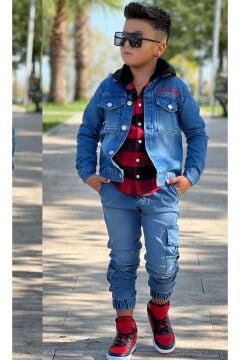 Erkek Çocuk Ekose Kapşonlu Kırmızı Oduncu Gömlek Sırtı Tiger Desen Ceket Kot Alt Üst Takım