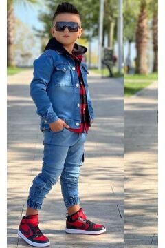 Erkek Çocuk Ekose Kapşonlu Kırmızı Oduncu Gömlek Sırtı Tiger Desen Ceket Kot Alt Üst Takım