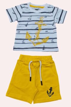 Erkek Bebek Çapa Baskılı Kısa Kol Çizgili Tişört Sarı Şortlu Takım