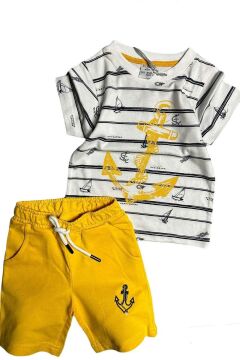 Erkek Bebek Çapa Baskılı Kısa Kol Çizgili Tişört Sarı Şortlu Takım