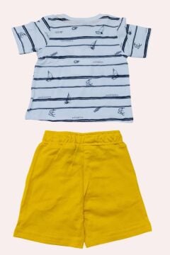 Erkek Bebek Çapa Baskılı Kısa Kol Çizgili Tişört Sarı Şortlu Takım