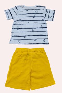 Erkek Bebek Çapa Baskılı Kısa Kol Çizgili Tişört Sarı Şortlu Takım