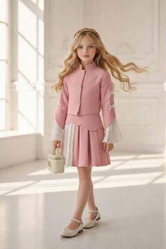 Kız Çocuk Gold Düğme İspanyol Kol Gömlek Asimetrik Kesim Ceket ve Çift Renk Pileli Pembe Etekli Takım