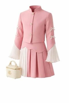 Kız Çocuk Gold Düğme İspanyol Kol Gömlek Asimetrik Kesim Ceket ve Çift Renk Pileli Pembe Etekli Takım