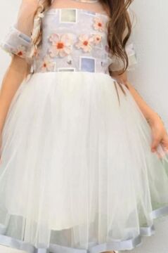 Kız Çocuk Etek Ucu Şerit Detaylı Tüllü Papatya Desenli Gri Elbise