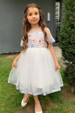 Kız Çocuk Etek Ucu Şerit Detaylı Tüllü Papatya Desenli Gri Elbise