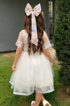 Kız Çocuk Etek Ucu Şerit Detaylı Tüllü Papatya Desenli Gri Elbise