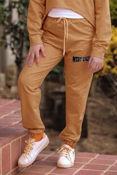 Kız Çocuk Kolsuz Bluz West Coast Baskı Kapüşonlu Crop Kaşkorse 3'lü Kahverengi Eşofman Takım