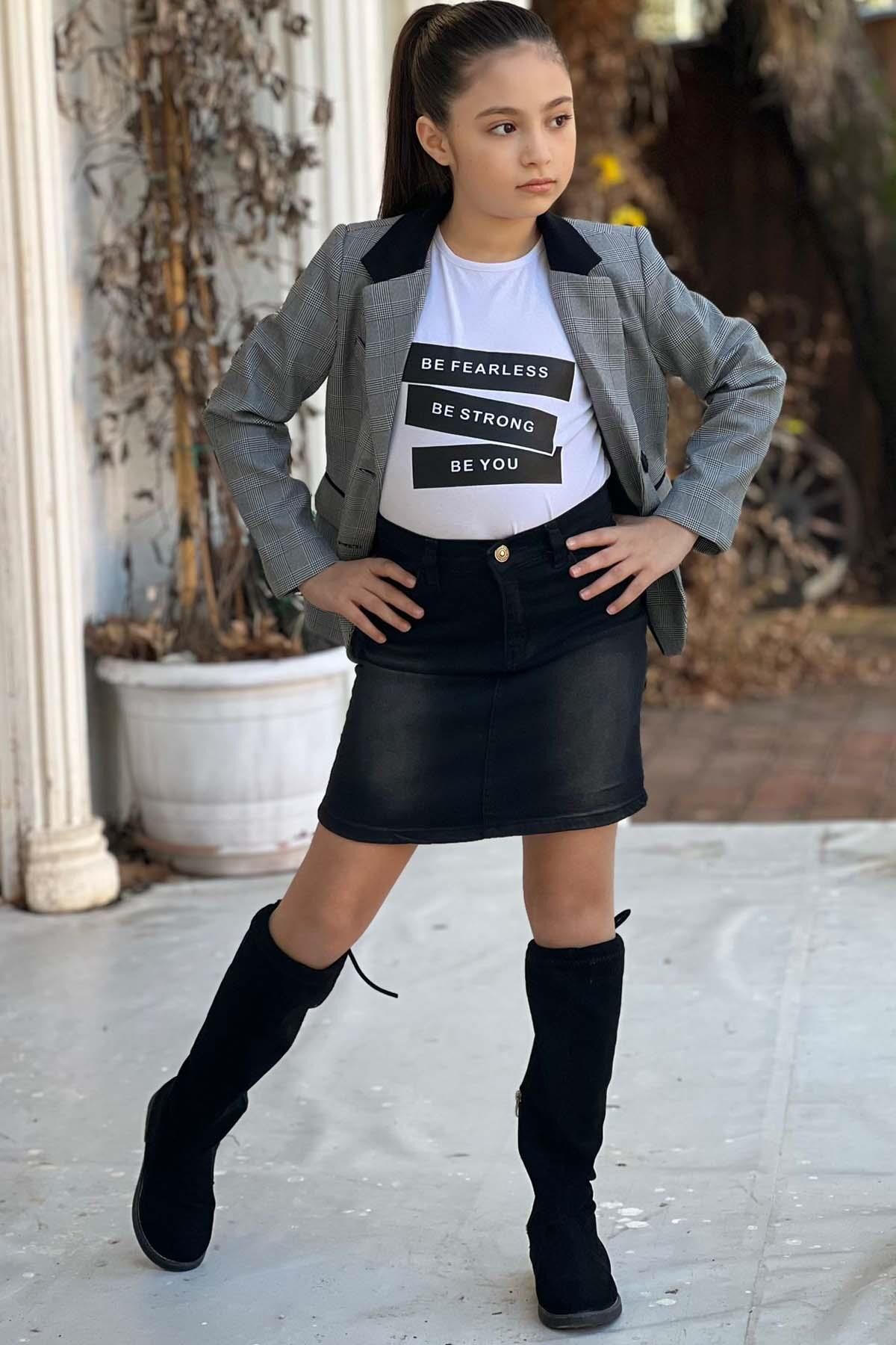 Kız Çocuk Yazı Baskılı Tişört Sahte Cep Detaylı Kareli Blazer Ceket Siyah Jean Etekli Takım
