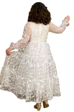 Kız Çocuk Kolları ve Yakası Şeffaf Tüllü ve Yaprak Detaylı Beyaz Elbise