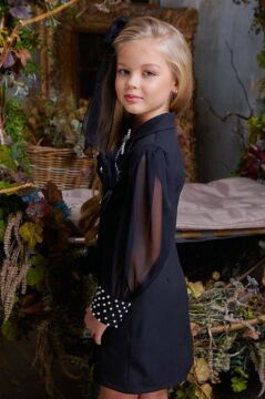 Kız Çocuk Bilekleri İnci Boncuk İşlemeli Kolları Şeffaf Kumaş Taş Düğme Detaylı Siyah Elbise