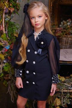 Kız Çocuk Bilekleri İnci Boncuk İşlemeli Kolları Şeffaf Kumaş Taş Düğme Detaylı Siyah Elbise