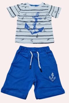 Erkek Bebek Çapa Baskılı Kısa Kol Çizgili Tişört Mavi Şortlu Takım