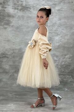 Kız Çocuk Kare Yaka Sıfır Kol Eteği Tüllü Kabarık Saten Kolluk Detaylı Bej Abiye