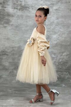 Kız Çocuk Kare Yaka Sıfır Kol Eteği Tüllü Kabarık Saten Kolluk Detaylı Bej Abiye