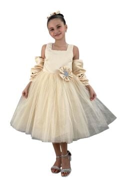 Kız Çocuk Kare Yaka Sıfır Kol Eteği Tüllü Kabarık Saten Kolluk Detaylı Bej Abiye