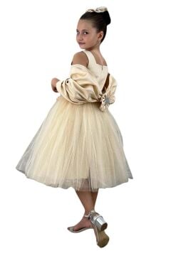 Kız Çocuk Kare Yaka Sıfır Kol Eteği Tüllü Kabarık Saten Kolluk Detaylı Bej Abiye