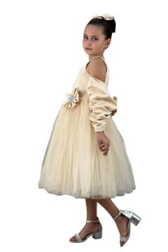 Kız Çocuk Kare Yaka Sıfır Kol Eteği Tüllü Kabarık Saten Kolluk Detaylı Bej Abiye