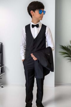 Erkek Çocuk Blazer Ceketli, Cepken Yelekli Siyah Takım Elbise 5-9 Yaş