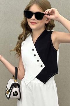 Kız Çocuk Asimetrik Kesim Çift Renk Yelek Palazzo Pantolon Alt Üst Takım