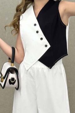 Kız Çocuk Asimetrik Kesim Çift Renk Yelek Palazzo Pantolon Alt Üst Takım