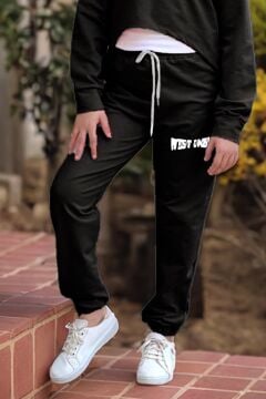 Kız Çocuk Kolsuz Bluz West Coast Baskı Kapüşonlu Crop Kaşkorse 3'lü Siyah Eşofman Takım